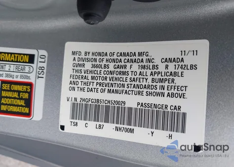 2012 Honda Civic Lx from USA, damaged, VIN 2HGFG3B51CH520029